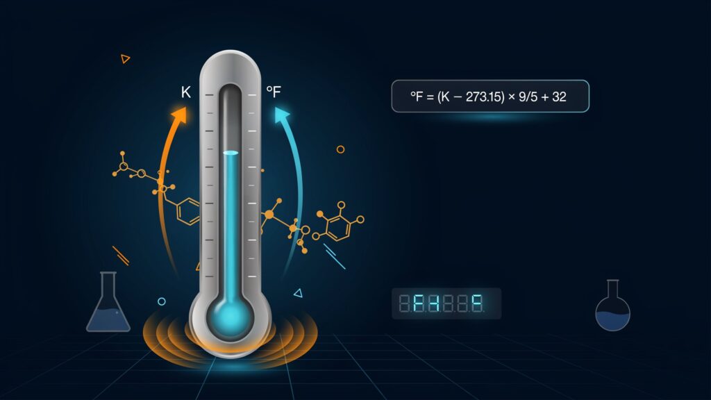 Illustration showing Kelvin to Fahrenheit temperature conversion with formula and thermometer scales.