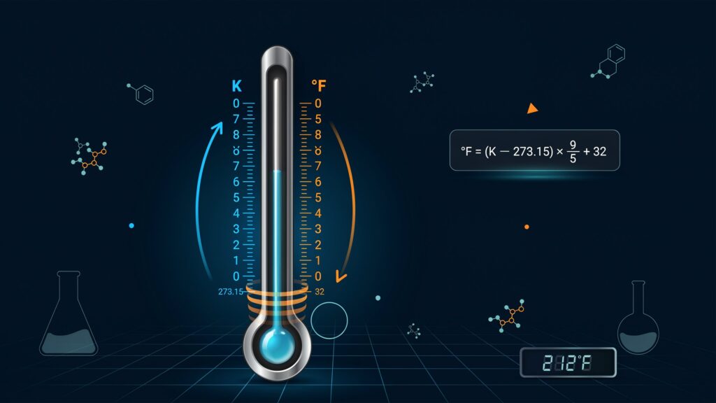 Illustration showing Kelvin to Fahrenheit temperature conversion with formula and thermometer scales.