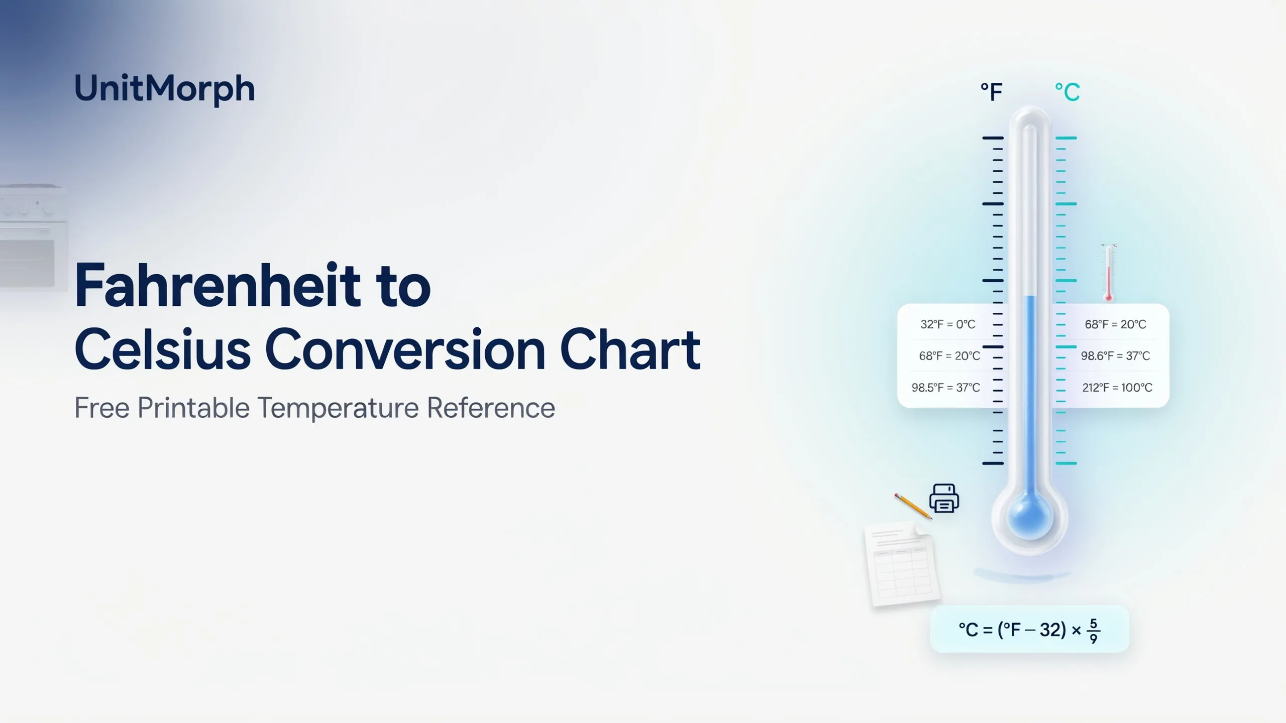 Printable Fahrenheit to Celsius conversion chart for kitchen and laboratory temperature reference